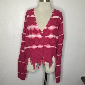 LU Love NYC Tie Dye Distressed Sweater Pullover Pink/White Size Large